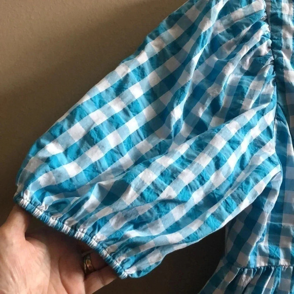 Lilly Pulitzer Sarafina Short Sleeve turquoise gingham top puff sleeve Sz 12 New - Picture 7 of 11